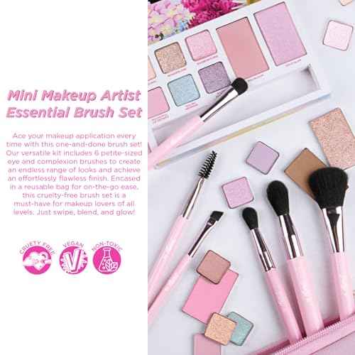 Petite N Pretty Essential Eyeshadow Brush Set with Duck Clips - Pink Makeup Bag, 6 Artist Brushes & Hair Accessories for Girls, Kids, Teens, and Tweens