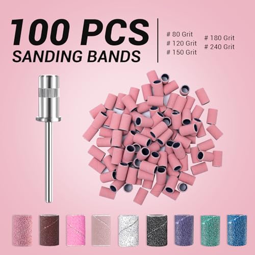 MelodySusie 100 Pcs Nail Drill Bits Sanding Bands for Nail Drill 180 Fine Grit Nail File Sanding Bands for Acrylic Nails Gel Manicures and Pedicure