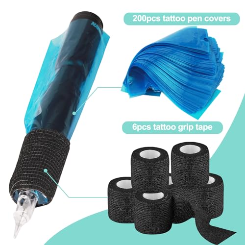 Machine Pen Covers with Grip Wraps - Autdor 200pcs Tattoo Machine Covers and 6pcs Tattoo Grip Tape Tattoo Pen Covers Grip Covers Tattoo Pen Sleeves Combination Tattoo Supplies (Blue+Black)