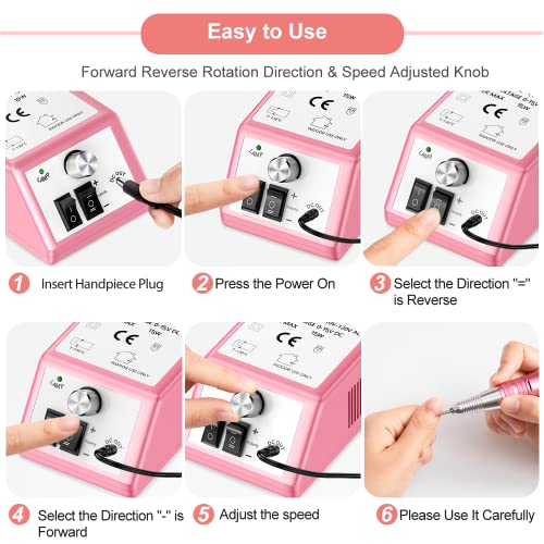 Professional Nail Drill Machine 30000 RPM Efile Electric Nail Filer Kit for Finger Toe Nails, Acrylic Gel Nails, Manicure Pedicure Drill with 6Pcs Nail Bits, 106Pcs Sanding Bands - Pink