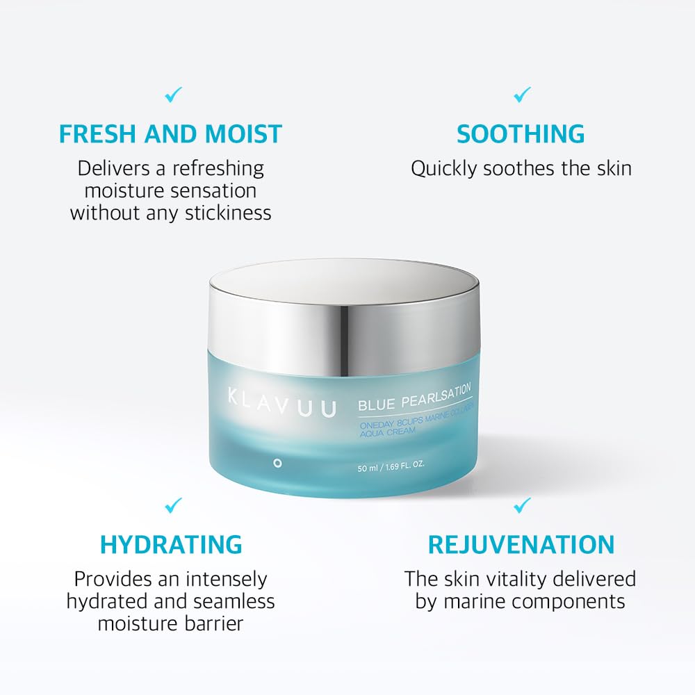 KLAVUU BLUE PEARLSATION ONE DAY 8 CUPS AQUA CREAM–Cooling Effect & Light Weight Texture, Hypoallergenic Soothing & Wrinkle Care Cream with Niacinamide, Korean Skin Care–1.69 floz