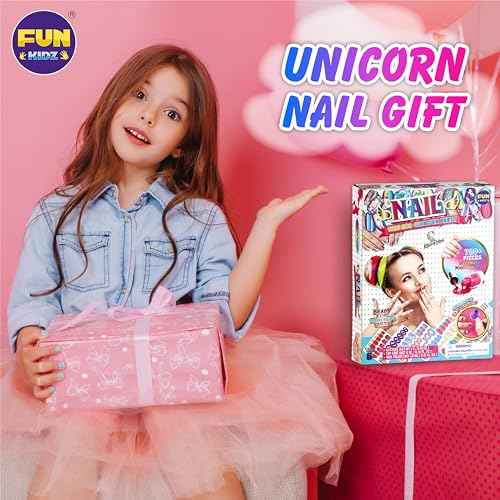 Toy Unicorn Nail Art for Girl 7-12, FunKidz Size 17.91Wx12.4L Ultimate Glamour Peelable Nail Polish Kit for Kids Fingernail Set Party Gifts