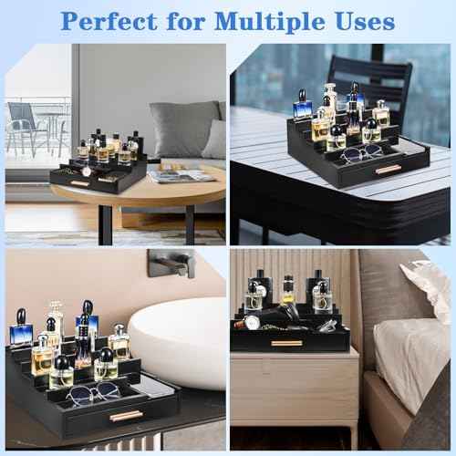 Cologne Organizer for Men, 5 Tier Wooden Perfume Organizer Display with Drawer and Hidden Compartment, Cologne Stand, Perfume Stand, Display Risers, Gift for Men (Black)