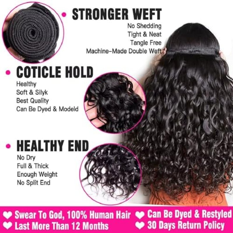 Yavida Water Wave Human Hair Bundles Wet and Wavy Bundles Human Hair Brazilian Unprocessed Remy Hair Water Wave Weave Extensions 16 18 20 Inch Natural Black