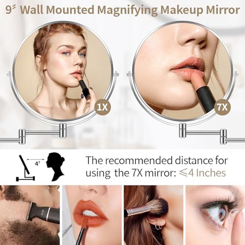 9¡± Large Wall Mounted Makeup Mirror 1X/7X Double-Side Bathroom Magnifying Mirror 360 Swivel Vanity Mirror Extendable Shaving Wall Mount Cosmetic Mirror for Men and Women, Chrome