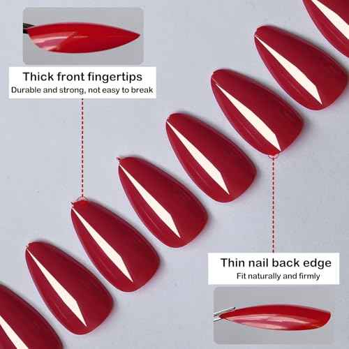 LoveOurHome 240pc Christmas Almond Press on Nails Medium Fake Nail Tips Burgundy Acrylic Nails Press ons Nail Almond Glue on Nail Short Stiletto Fingernail & Glue Adhesive Tabs for Women Girls Kids