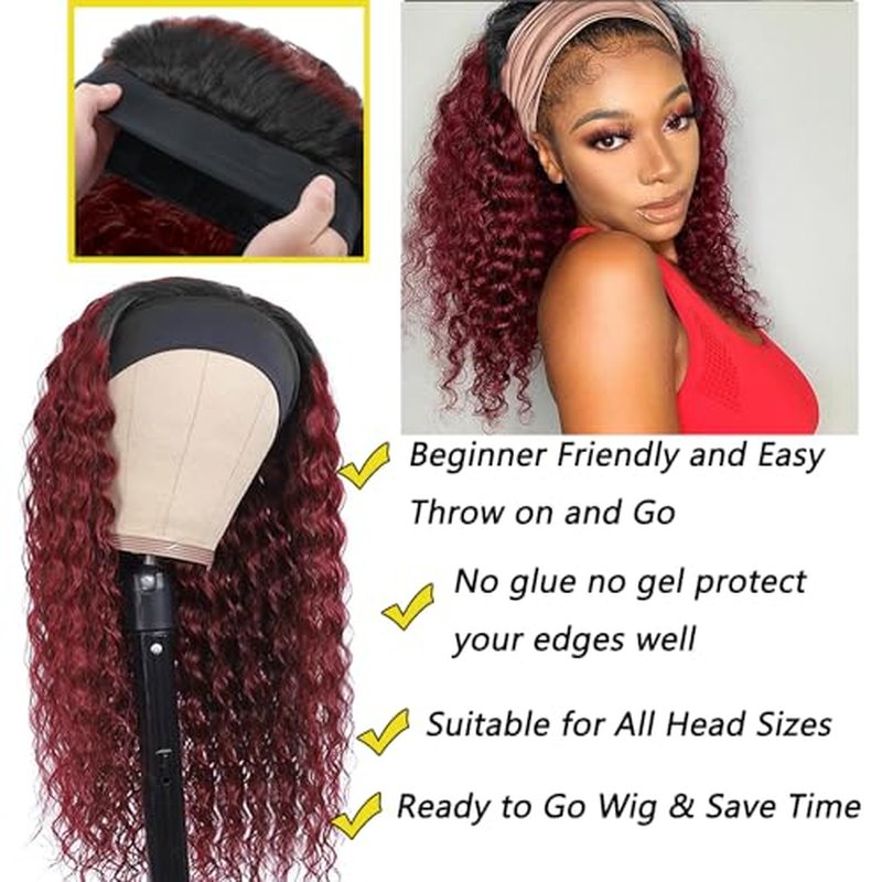 24inch 1B/99J Burgundy Ombre Headband Wig Deep Wave Human Hair Wigs Headband Wig 150% Density Half Glueless None Lace Front Wigs Brazilian Virgin Human Hair Headband Wigs for Black Women