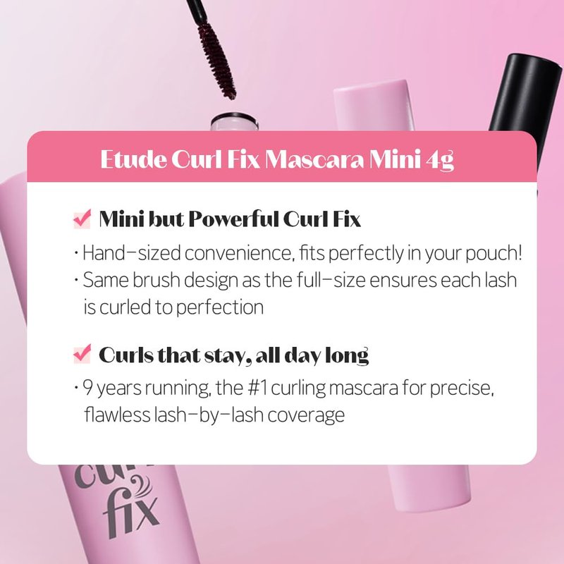 ETUDE Curl Fix Mascara Mini for travel, Lash Mascara, Strong Curl Up, Long-Lasting, Waterproof, Lightweight, Korean Makeup, Beauty, Vegan Certified, Black (0.14 Fl Oz)