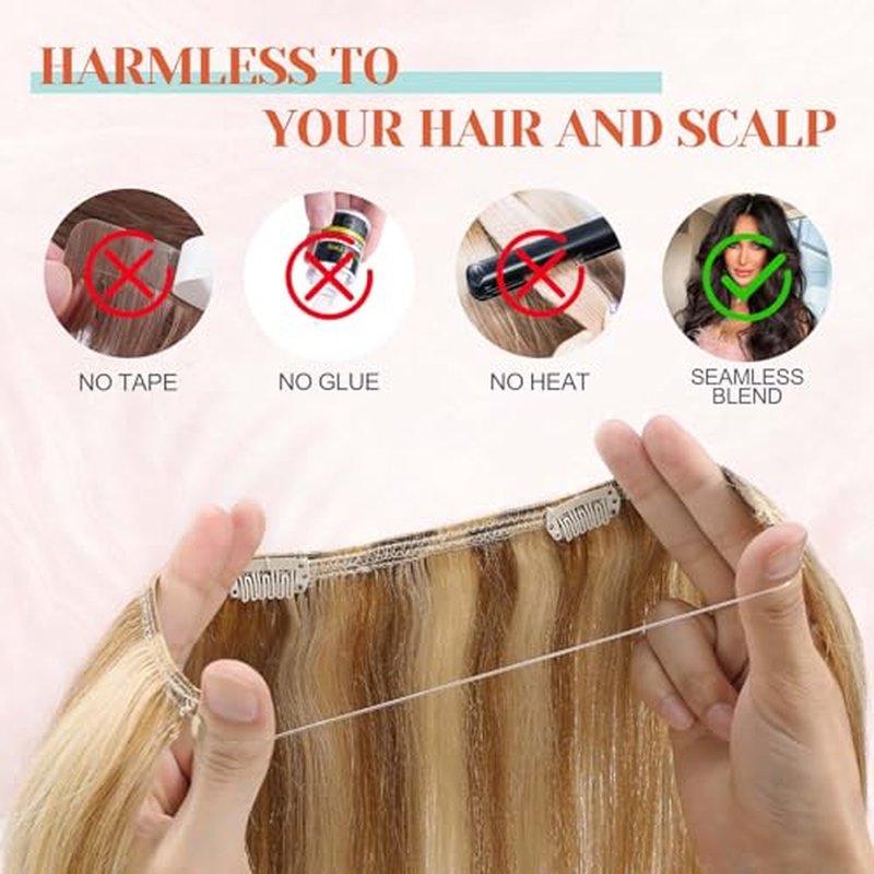 Benehair Halo Hair Extensions Real Human Hair 18 Inch Halo Extensions for Women 100% Human Hair Invisible Wire Hair Extensions Golden Brown Hightlights Bleach Blonde #12P613