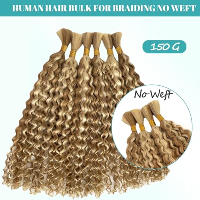 Blonde Curly Human Braiding Hair for Boho Braids 150g 24 Inch Wet and Wavy Long Boho Hair for Braiding Knotless Highlighted 27p613 No Weft Bulk Bohemian Human Hair 3 Bundles/Pack