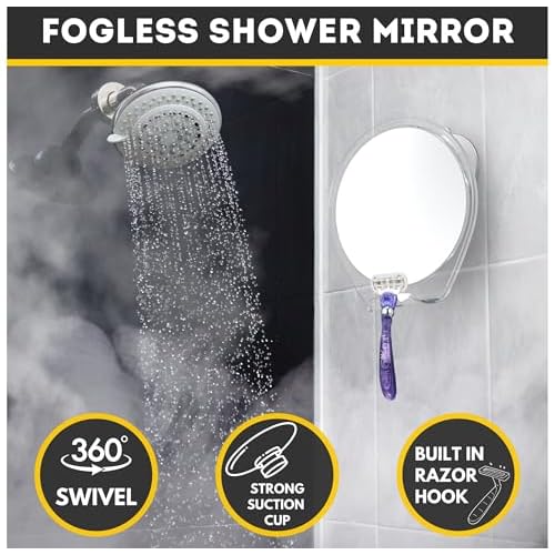 HONEYBULL Fogless Shower Mirror with Suction Mount & Swivel ? Anti-Fog Acrylic Bathroom Mirror for Shaving ? Built-in Razor Holder, Easy Install, Home Shower Accessory (White)