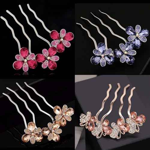 Sparkly Glitter Floral Hair Combs Bridal Wedding Hair Crystal Rhinestones Women Hair Side Combs Jeweled Metal Hairpins Butterfly Long Thick Hair Holder Accessories for Ladies (4 Pack)
