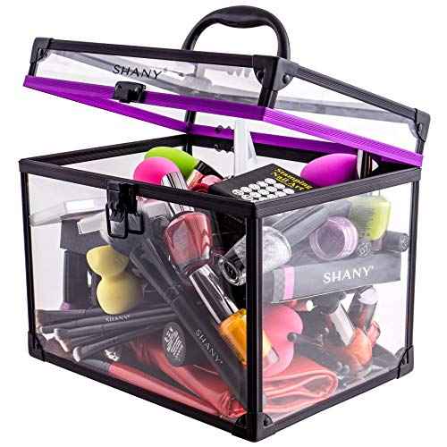 SHANY Clear Cosmetics and Toiletry Train Case - Clear Travel Makeup Bag Case Organizer with Secure Closure and Black/Purple Accents - Extra Large