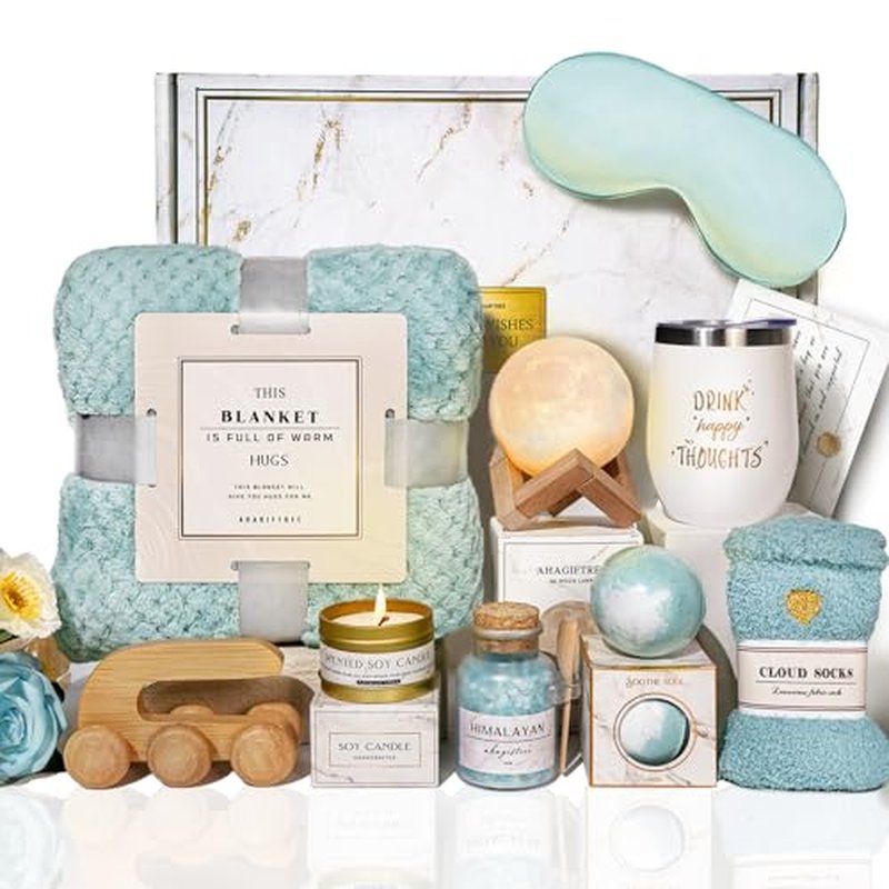 Birthday Gifts for Women Self Care Gifts Get Well Soon Gifts Baskets for Women After Surgery with moon lamp, 11PC Spa,Thinking of You Gift, Care Package for Mom Friend (turquoise)