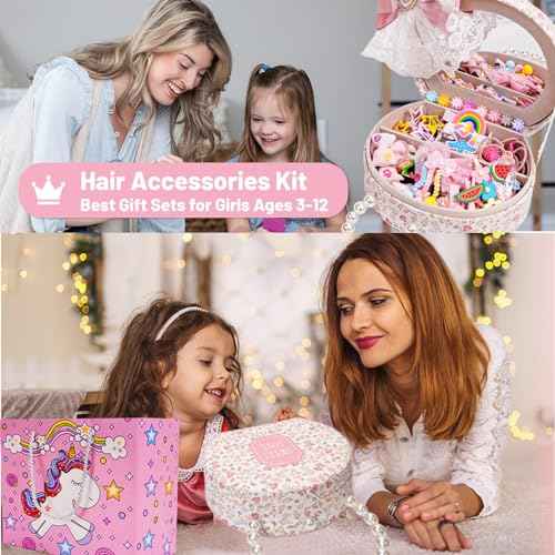 Girls Jewelry Set with Hair Accessories: Clips, Barrettes, Ties, Bows, and Round Jewelry Box - Christmas Gift for Ages 3-12