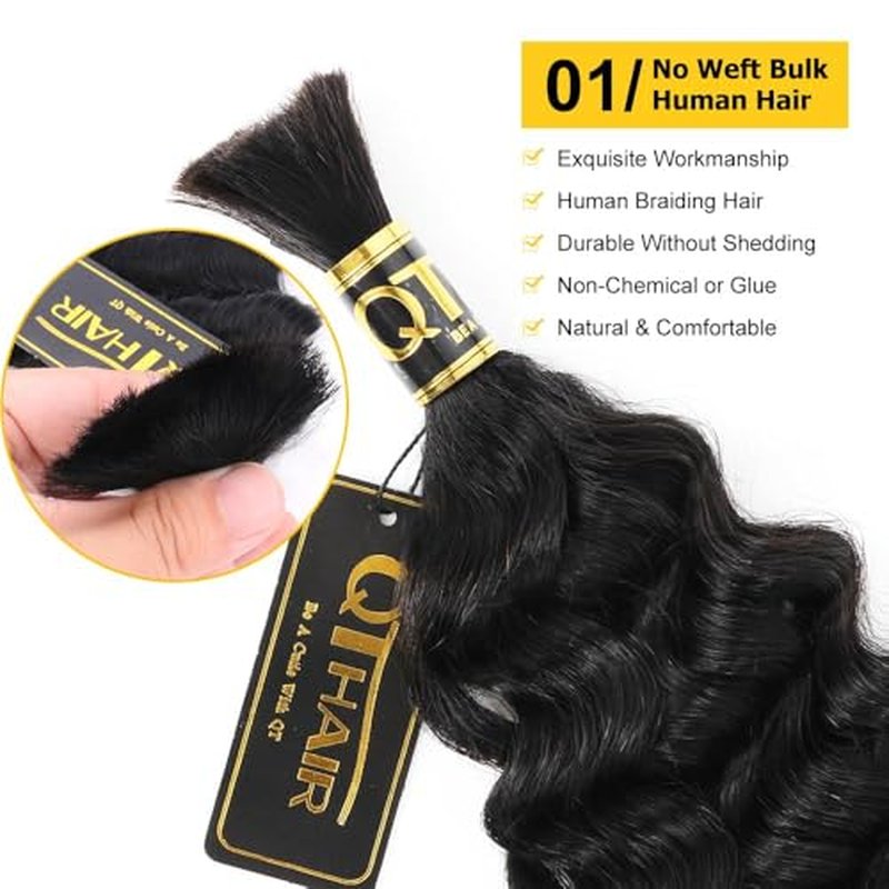 QTHAIR Water Wave Bulk Human Hair For Braiding, 16A, No Weft, 100% Unprocessed Brazilian Water Wave Virgin Hair, 3 Bundles, Micro Braiding (#1B(Natural Black), 22"-150g, Curly)