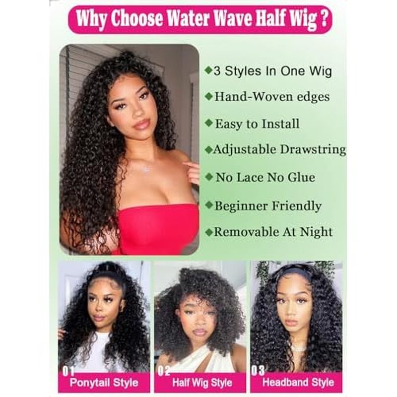 Water Wave Half Wig Human Hair 3 In 1 Adjustable Drawstring 18 Inch Curly Half Wig Seamless Flip Over Blend Edges Invisible Hairline Glueless Wigs Wear Go Beginner Friendly Curly Half Wigs for Women