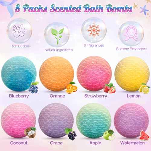 8 Packs Mermaid Bath Bombs for Kids Girls, Bubble Bath Bomb Kit with Surprise Toys Inside, Bath Toys for Kids Aged 4-8, Ideal Birthday Christmas Gifts Stocking Stuffers for Girls 3 4 5 6