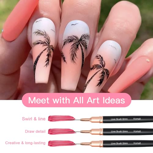 Metallic Nail Art Brushes, 5Pcs Liner Brush Set, UV Gel Polish Painting Art Design Pen for Long Lines, Thin Details, Fine Drawing Sizes 4/8/12/20/25mm(Black)