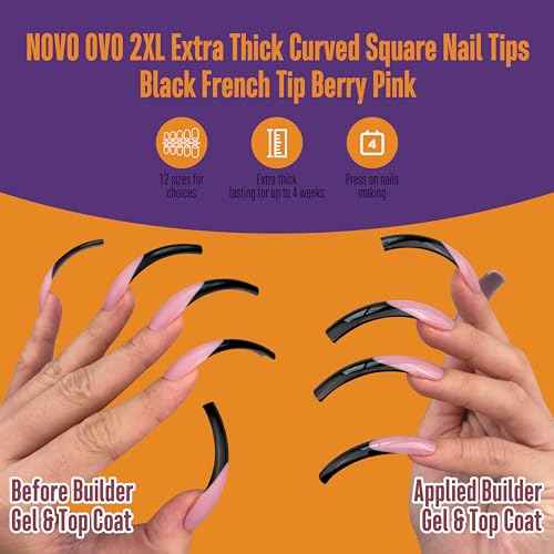 NOVO OVO Halloween Black XXL Curved Square French Tip Nail Tips Press on BERRY PINK, Full Cover Extra Thick Long XL Acrylic Hawk Curve Fake Extension Kit, Need Top Coat for Salon DIY 12 Sizes 144 pcs