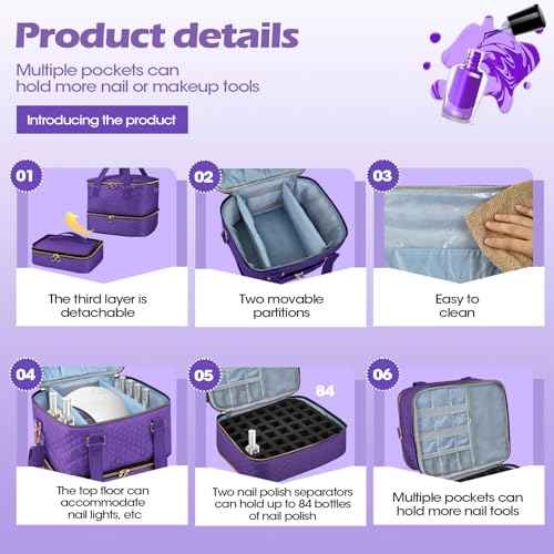 Nail Polish Organizer Case - Three Layer Nail Polish Storage Bag with Adjustable Dividers Holds 84 Bottles Nail Polish Nail Lamp Nail Kit Supplies Organizer Box - Purple
