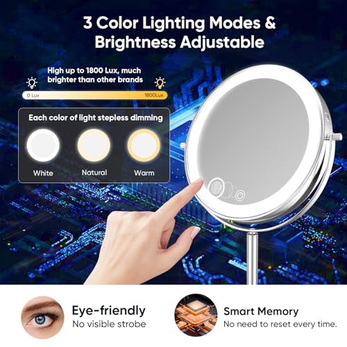 Large 9¡± Lighted Makeup Mirror ? Height Adjustable & Rechargeable, Double-Sided 1x/10x Magnifying Vanity Mirror with 88 High-CRI LEDs, 3 Color Modes, Dimmable Brightness, 360¡Æ Swivel, Dual-Power