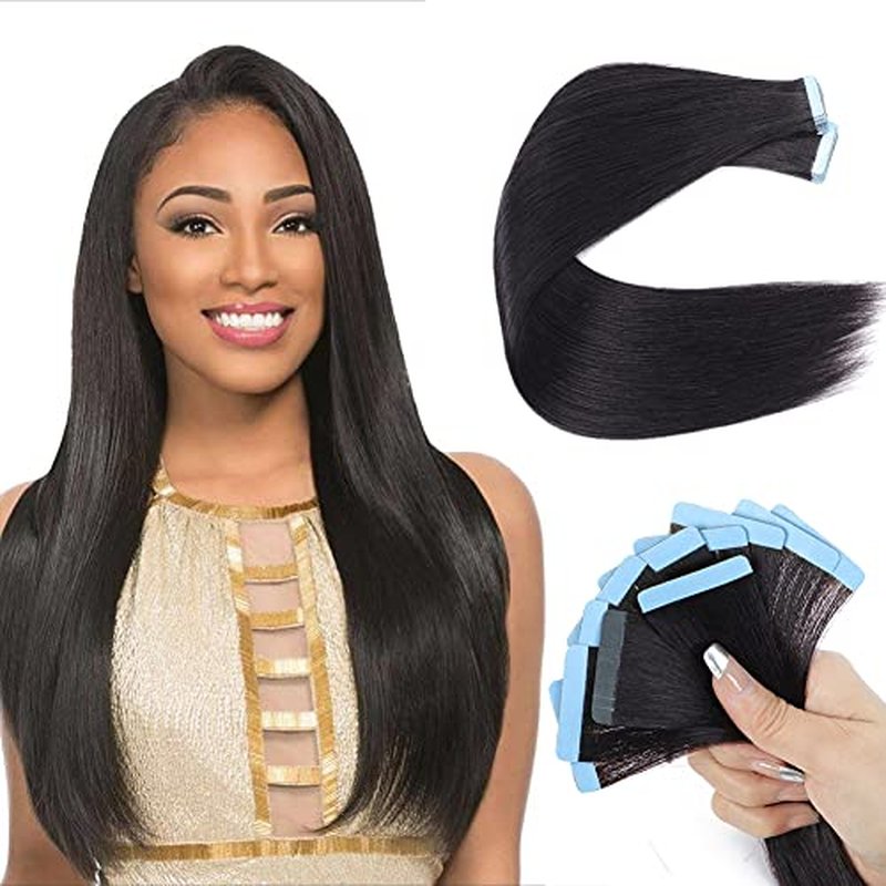 40 PCS Tape in Hair Extensions Human Hair Black Women Yaki Straight Tape in Extensions Human Hair 20 Inch Light Yaki Invisible Skin Weft Double Sided Tape Remy Hair Extensions Natural Black Color