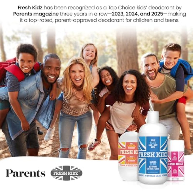 Fresh Kidz Roll On Deodorant for Kids and Teens - Baking Soda and Aluminum-free 24 Hour Protection for Sensitive Skin - Girls "Purple" 1.86 fl.oz. (2 Pack)