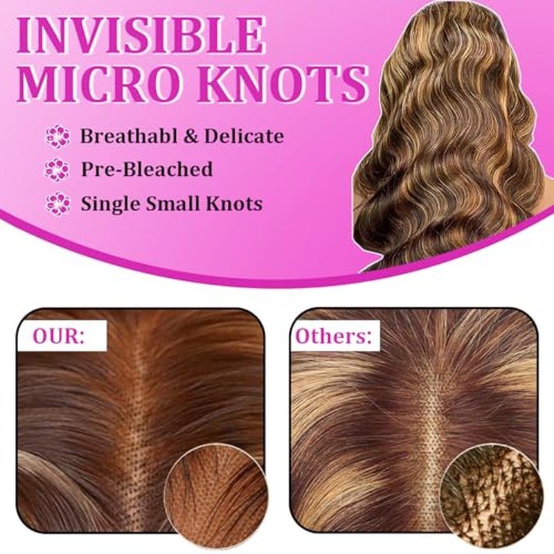 Highlight Wig Human Hair 13x6 Body Wave Lace Front Wigs Human Hair Ombre Wear and Go Glueless Pre Cut Full Frontal Lace Wig for Women 180 Density Virgin Hair Wigs 4/27 Colored 20 inch