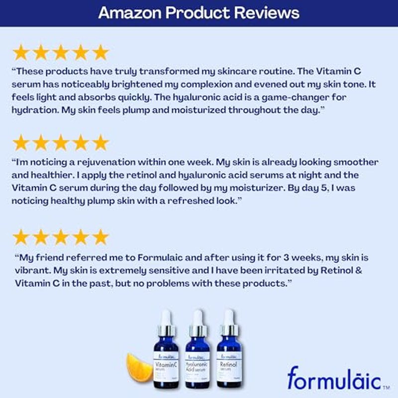 Formulaic¢â Vitamin C, Retinol & Hyaluronic Acid Serums | Hydrates, Revitalizes, and Evens Skintone | Box Set of 3 Face Serums | Perfect Skincare Gift | 3 Fl Oz