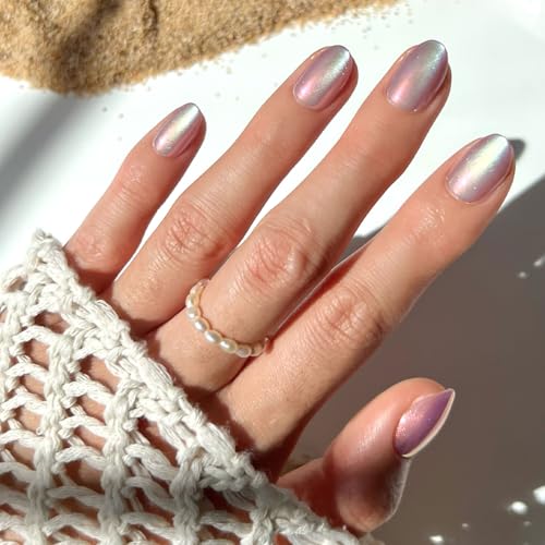 Glamnetic Press On Nails - Oyster | Short Oval Cat Eye Fake Nails with a Velvet Pearlescent Finish, Salon Quality Summer Nails | 15 Sizes - 30 Nail Kit with Glue