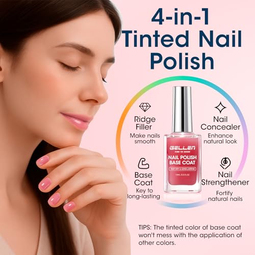 GELLEN 4?in?1 Clear Nail Polish Base Coat Sheer Tinted Red, Ridge Filler, Nail Strengthener & Concealer, Calcium Formula Strengthen Nails, Natural Color Enhance Natural Look, HEMA Free, Anti Yellow
