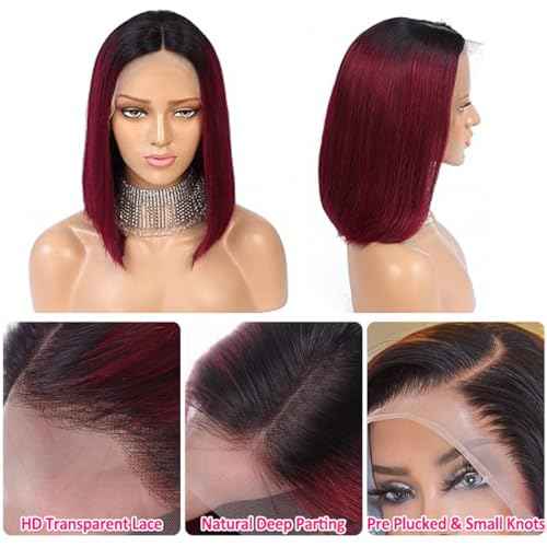 Ombre 99J Burgundy Lace Front Bob Wig Human Hair 13x4 HD Lace Frontal Wigs Short Straight Bob Wigs for Black Women Human Hair Pre Plucked Natural Hairline 1B/99J 8 Inch