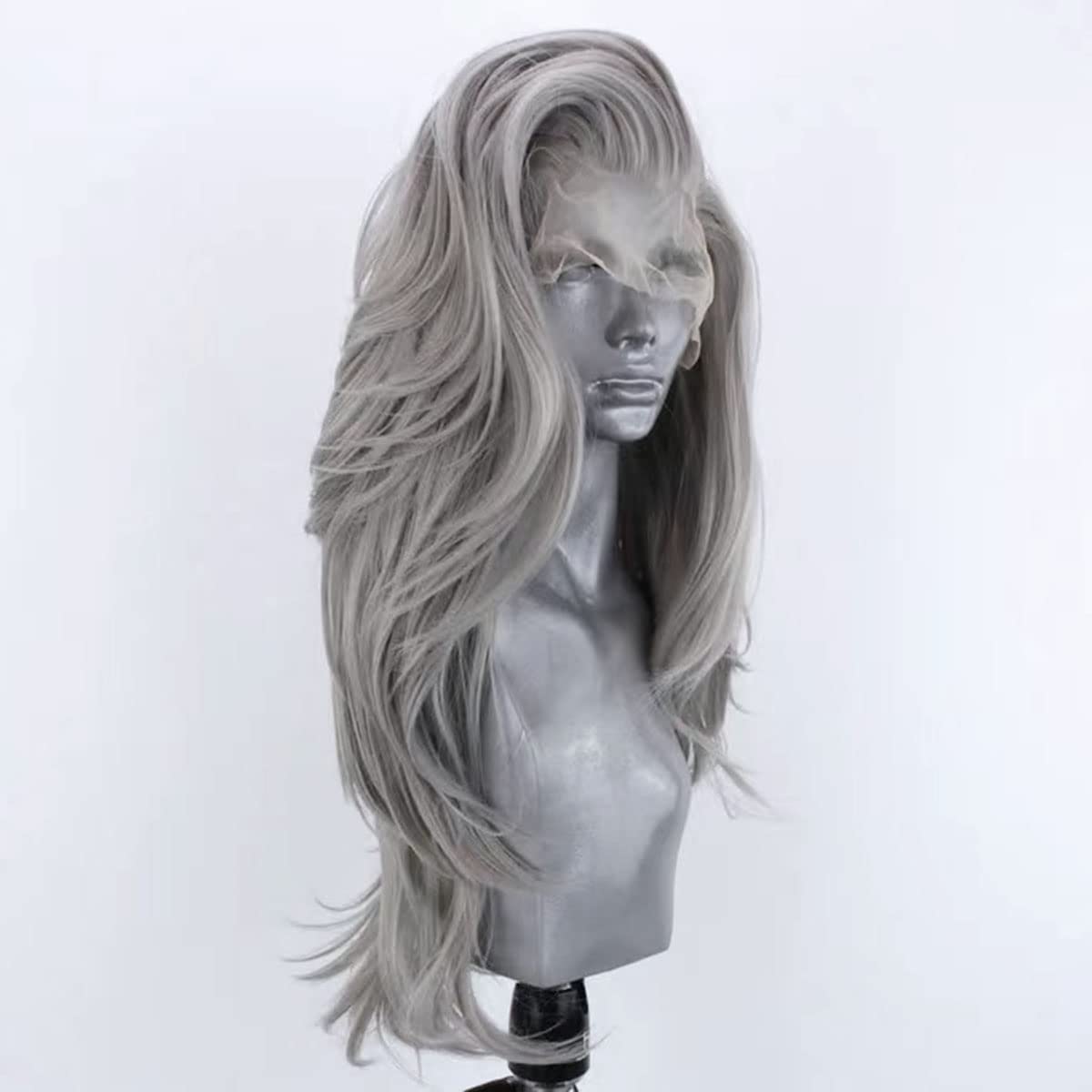 COCOFANS Silver Wigs for Women Free Part Long Natural Wave Lace Font Wigs Slightly Wave Wig Heat Resistant Synthetic Lace Wig Light Grey Daily Wear Wigs