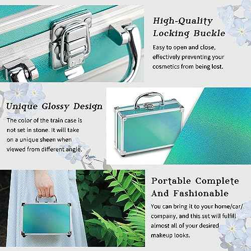 Color Nymph Beginner Makeup Kits For Teens With Train Case Included Full Makeup Kit Eyeshadow Palette Blushes Bronzer Highlighter Lipstick Brushes Mirror (Green)