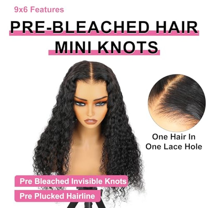 BLY Glueless Wigs Human Hair 9x6 M-Cap Wig Max Parting HD Lace Pre Cut Wig for Women Pre Plucked, Bleached Tiny Knots Deep Wave Curly Lace Front Wigs Wear Go 180% Density 18 Inch