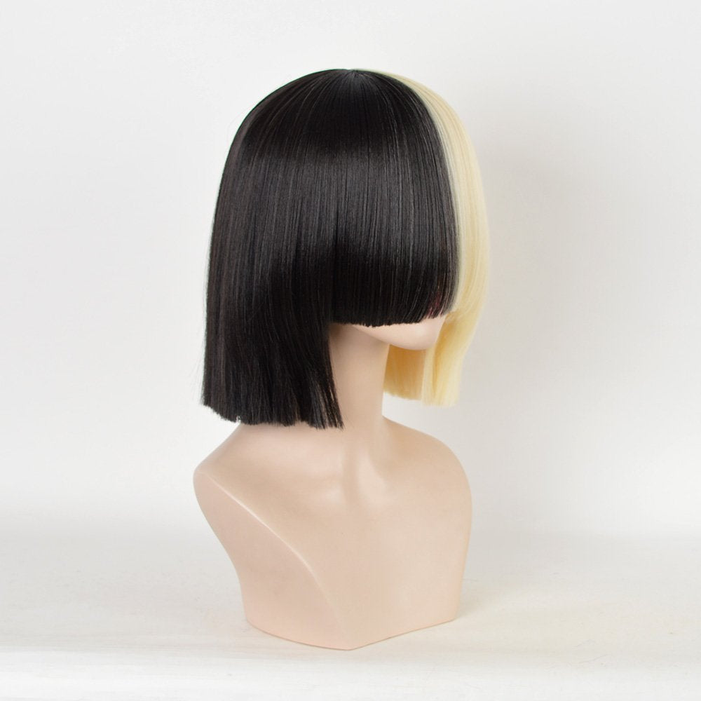 SiYi Half Blonde Black 2 Tone Short Straight Bob Wig Synthetic Full Wigs Should Length Cosplay Wigs with Bangs for Women Girls