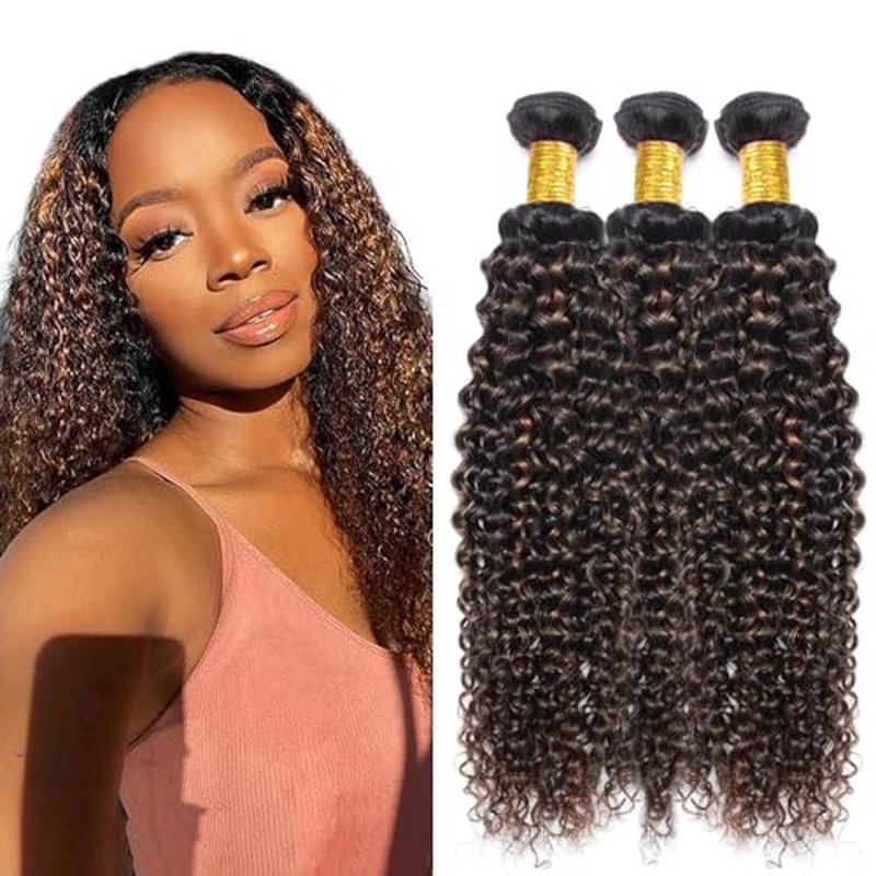 Highlight Bundle P1B30 Kinky Curly Wave Human Hair Bundles Two Tone Black Mixed With Light Brown 3 Bundles 32 32 32 Inch 1B30 Ombre Brown Wet And Wavy Bundle