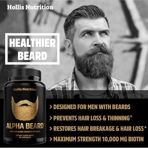 ALPHA BEARD Growth Vitamins | Biotin 10K MCG, Collagen, Keratin, Hyaluronic Acid, B-Complex, MSM | Beard DHT Blocker | Beard and Hair Growth Supplement for Men | Regrow Stronger, Healthier Facial Hair