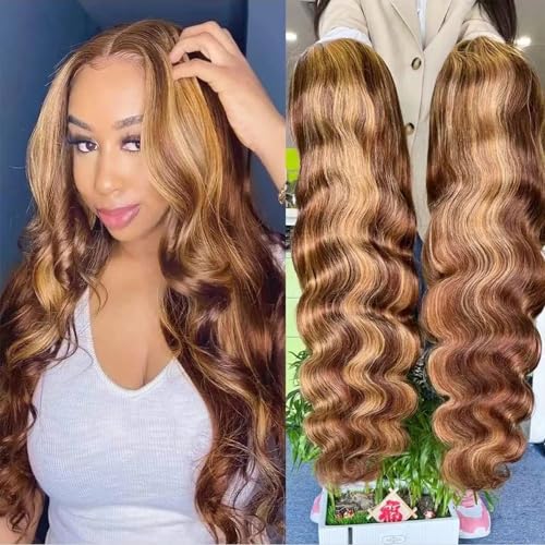200% Density Highlight Ombre Lace Front Wig Human Hair Body Wave 13x6 Full Lace Frontal Wigs Pre Plucked P4/27 Honey Blonde Brown Colored Lace Frontal Wigs for Women