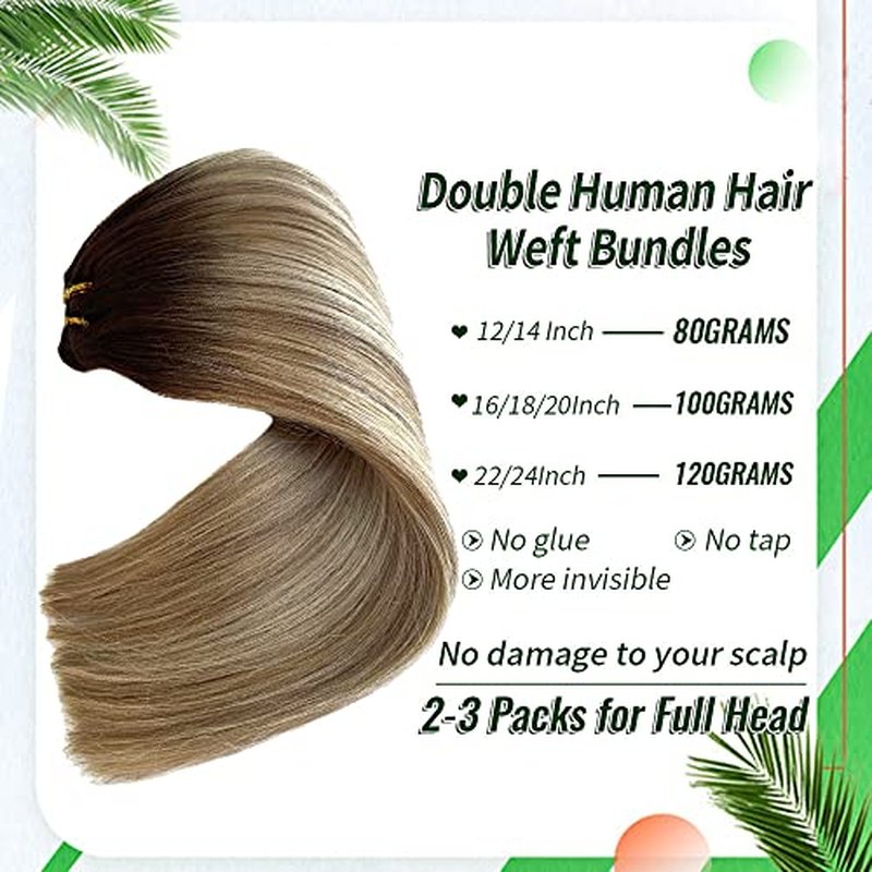Sew in Hair Extensions Human Hair Double Weft Balayage Brown to Blonde Highlights Natural Hair Weave Bundles for White Women Silky Straight Remy Hair Extensions Sew in Hair Weft 24 Inch 120G