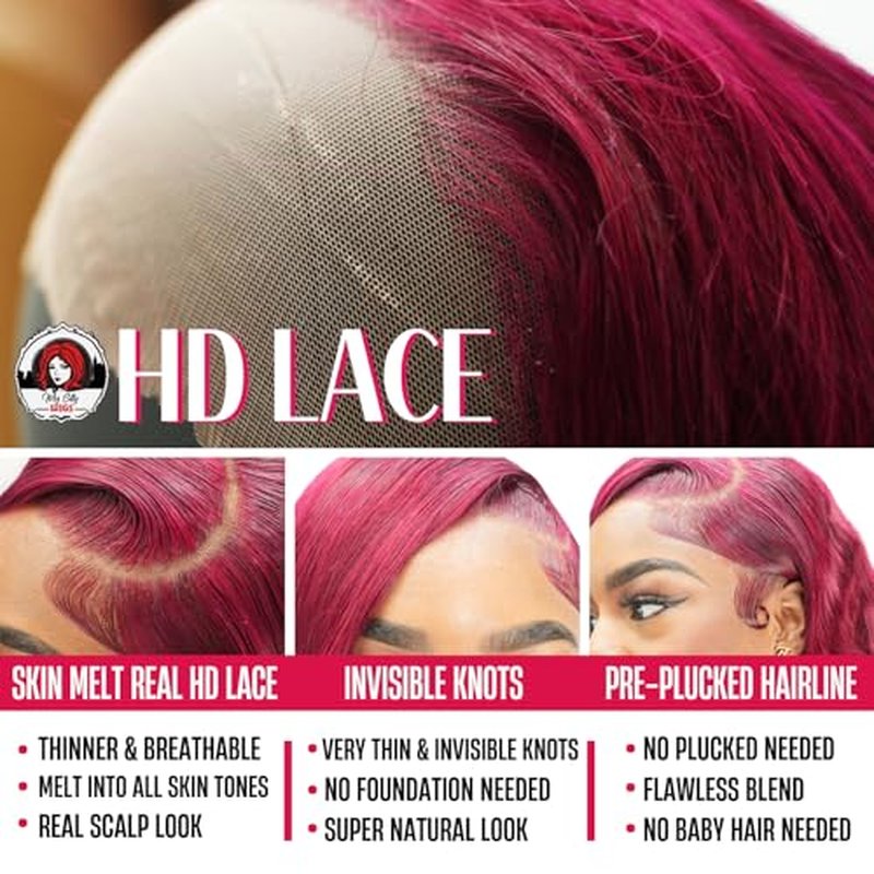 99J Burgundy Body Wave Lace Front Wig - 13x4 Human Hair, 150% Density, Bleached Knots, Natural Hairline, Glueless, Heat Resistant for Black Women 30 Inches, Soft & Silky (18 Inch)