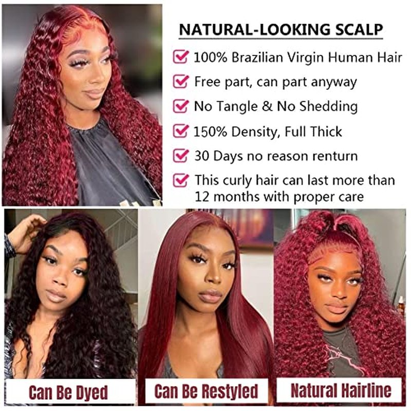 99J Burgundy Lace Front Wigs Human Hair Wigs Pre Plucked Deep Wave Glueless Wigs Human Hair 99j Deep 13x4 Lace Frontal Wigs 26 Inch New