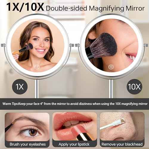 8" Lighted Makeup Mirror with 3 Color Lights and 1X 10X Magnification, Magnifying Vanity Mirror with Jewelry Holder and Storage Base, Dimmable,Touch Control, Chrome