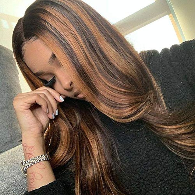 Silky Straight Ombre Honey Blonde Lace Front Wig 22" Highlights Human Hair for Women Pre Plucked Ombre 13x4 Lace Front HD Transparent Wig Black Mixed Brown Hair with Roots Can be Curled 150% Density