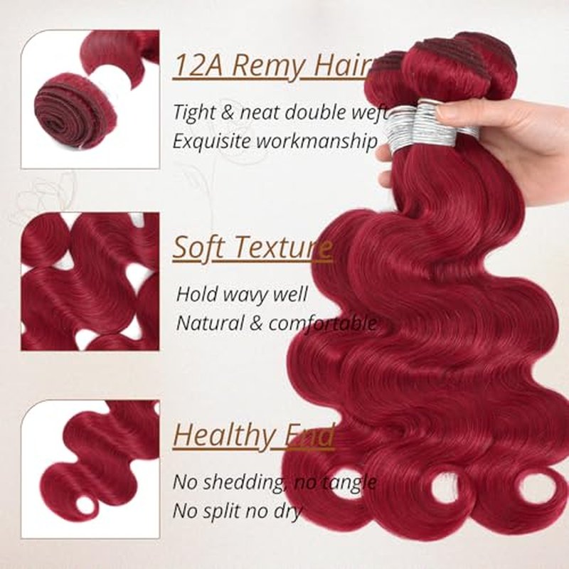 Red Burgundy 3 Bundles Human Hair Body Wave, 12A Colored 100% Unprocessed Remy Hair Soft and Bouncy Burgundy Cherry Red 99J Human Hair Wavy Bundles Sew in Double Weft Quick Weave 12 14 16 Inch