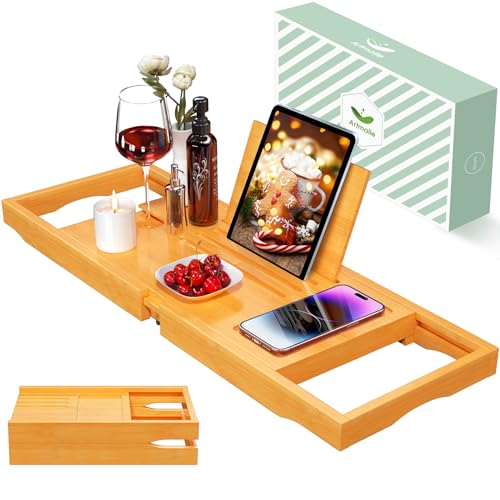 Artmalle Bathtub Caddy Tray for Tub, Expandable Bamboo Bath Table Tray with Book Stand for Home Spa Relaxing, Foldable Minimalist Bathroom Accessories for Women Men (Simple, Natural) (Natural)
