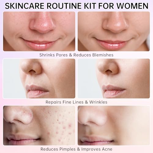 Sakura Skin Care Set for Teen Girls, Skincare Gift Set for Teens 10-12, Hydrating & Soothing, 5 Pcs Collagen Skincare Routine Kit for Women with Cleanser, Serum, Cream, Bunny Headband, Cleansing Brush