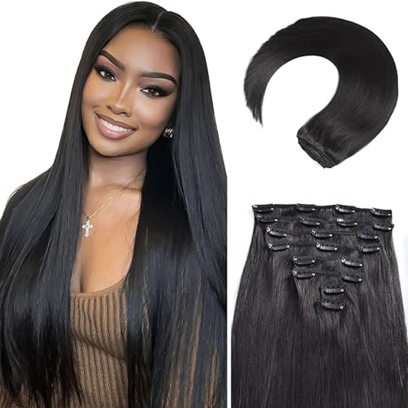 Clip in Hair Extensions Real Human Hair, 24 Inch 120g, 1B Natural Black, Invisible Seamless Straight Remy Human Hair Clip in Extensions for Women 8pcs Per Set with Double Weft