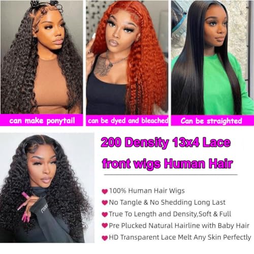 Rozilo Aomllute 30 Inch Deep Wave Lace Front Wigs Human Hair 200 Density 13x4 HD Lace Frontal Wigs Human Hair Pre Plucked Deep Curly Glueless Wigs Human Hair for Women Natural Black